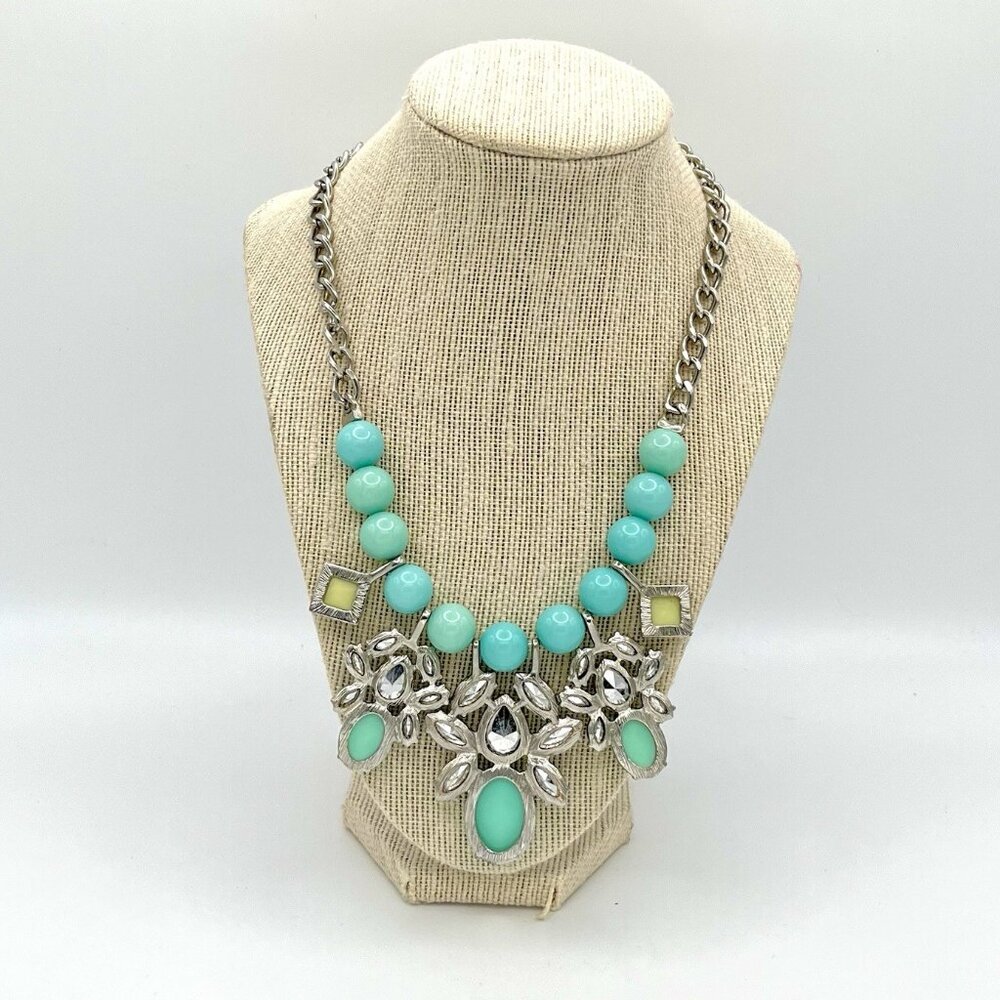 Mint Green Y2K Statement Bib Necklace Crystal Floral Cluster Beads Silver Tone - Picture 2 of 4
